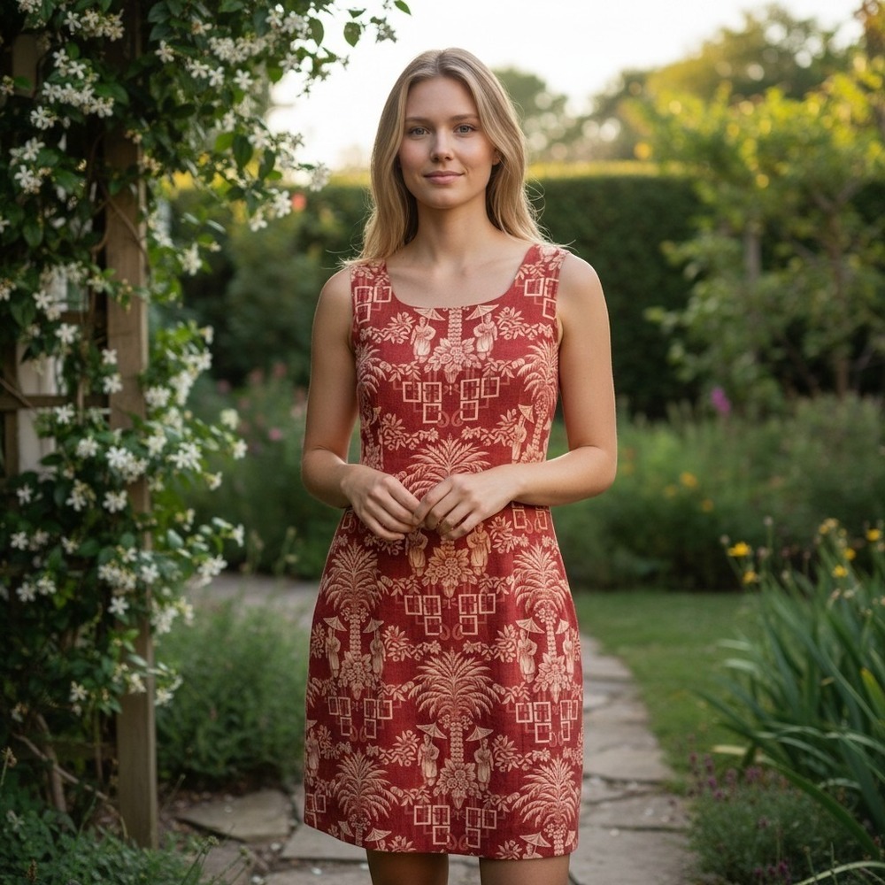 Virgo Sz 14 Y2K Red Chinoiserie Palm Tree Linen Blend Sheath Dress Beaded Accent